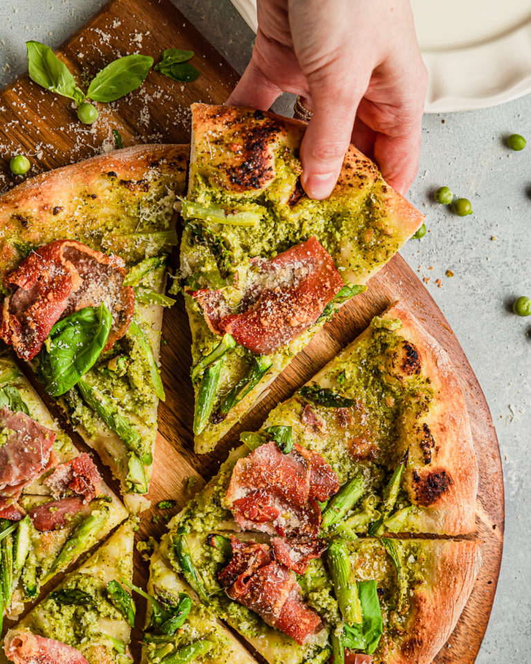 Asparagus Pizza with Green Pea & Prosciutto - Eat Love Namaste